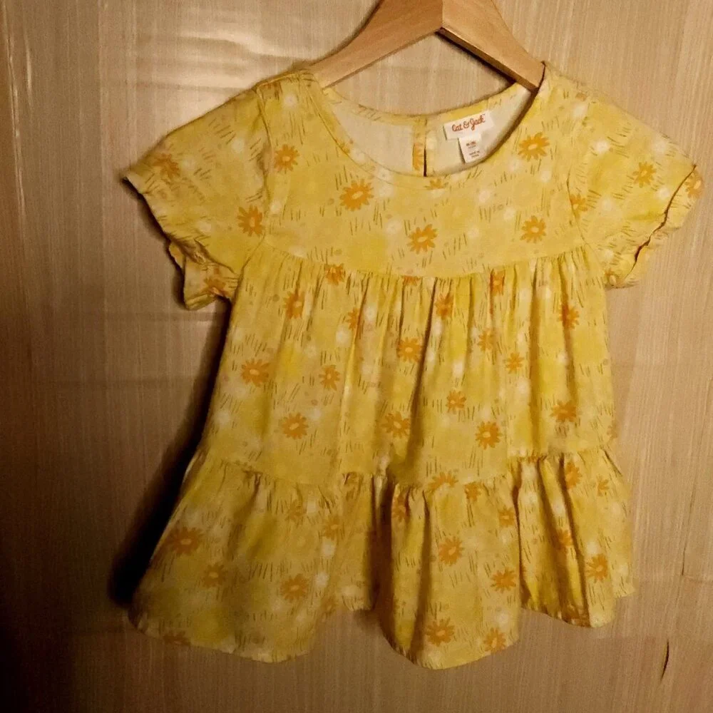Cat & Jack Girls Yellow Floral Short Sleeve Babydoll Tunic Top 8